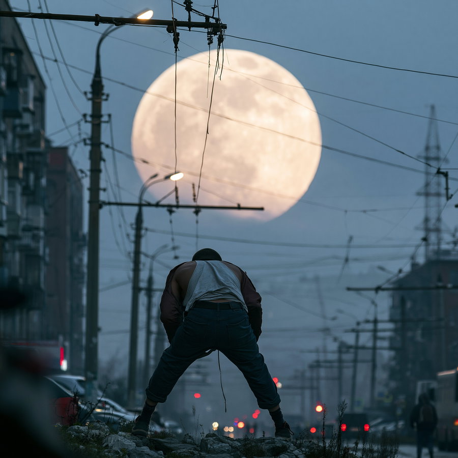 A person standing on a rocky surface in a city street at night, silhouetted against a large, bright full moon in the background, surrounded by streetlights, power lines, and buildings.