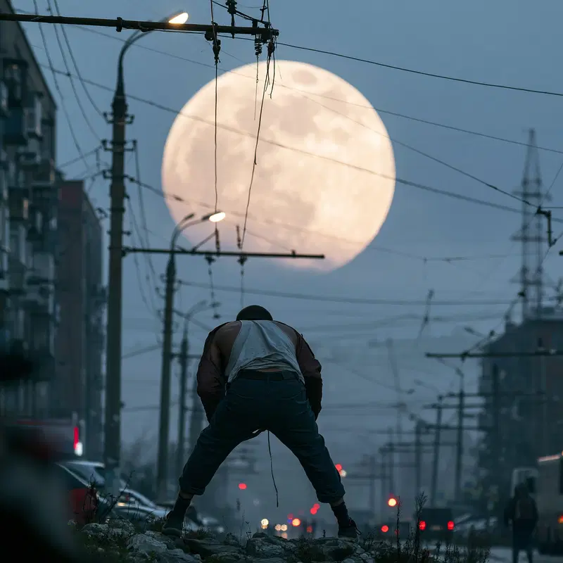 Urban night scene with a person silhouetted against a large full moon