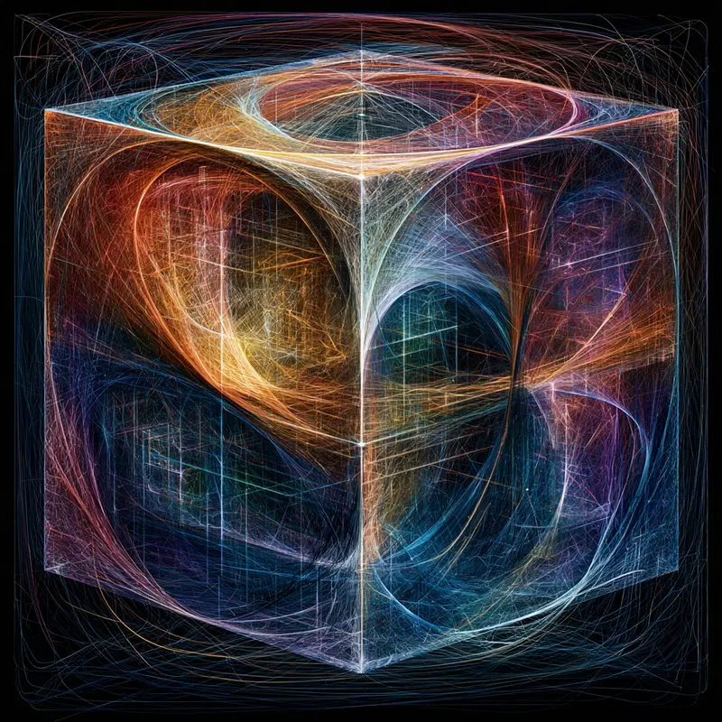 Intricate digital artwork of a glowing geometric cube with abstract curvature lines