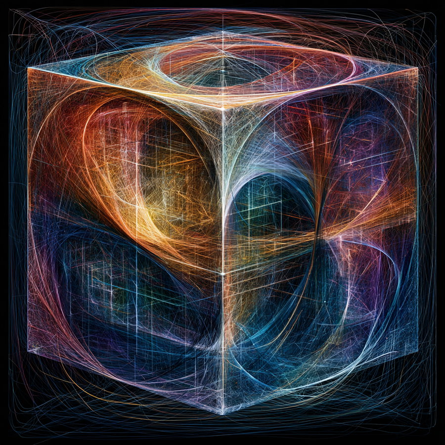 A glowing cube shape composed of intersecting and swirling light lines in blue, orange, red, and purple colors creating an abstract geometric design on a black background.