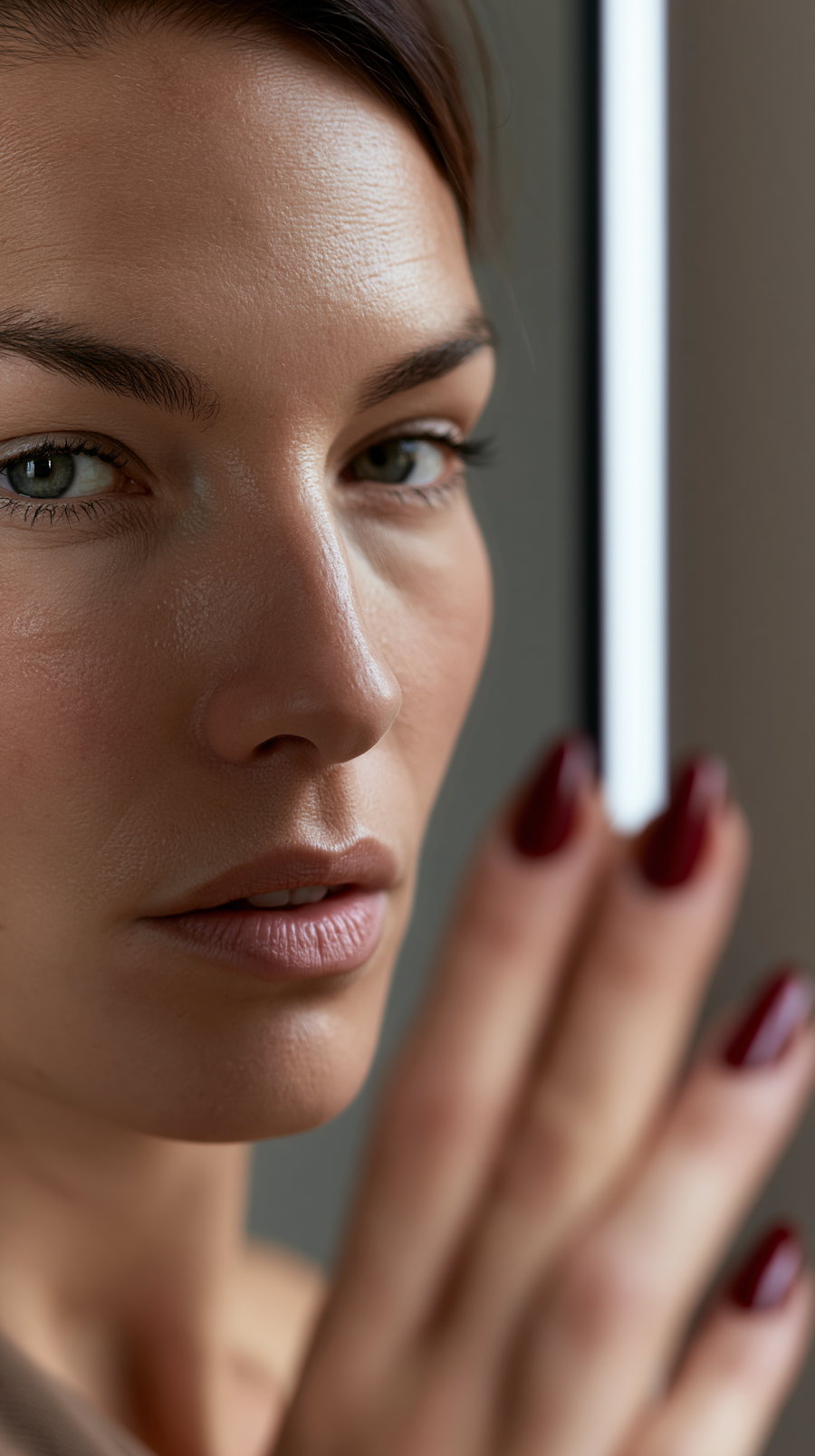 A close-up photo of a woman's face showing detailed skin texture and green eyes, with her hand near her face displaying red polished nails