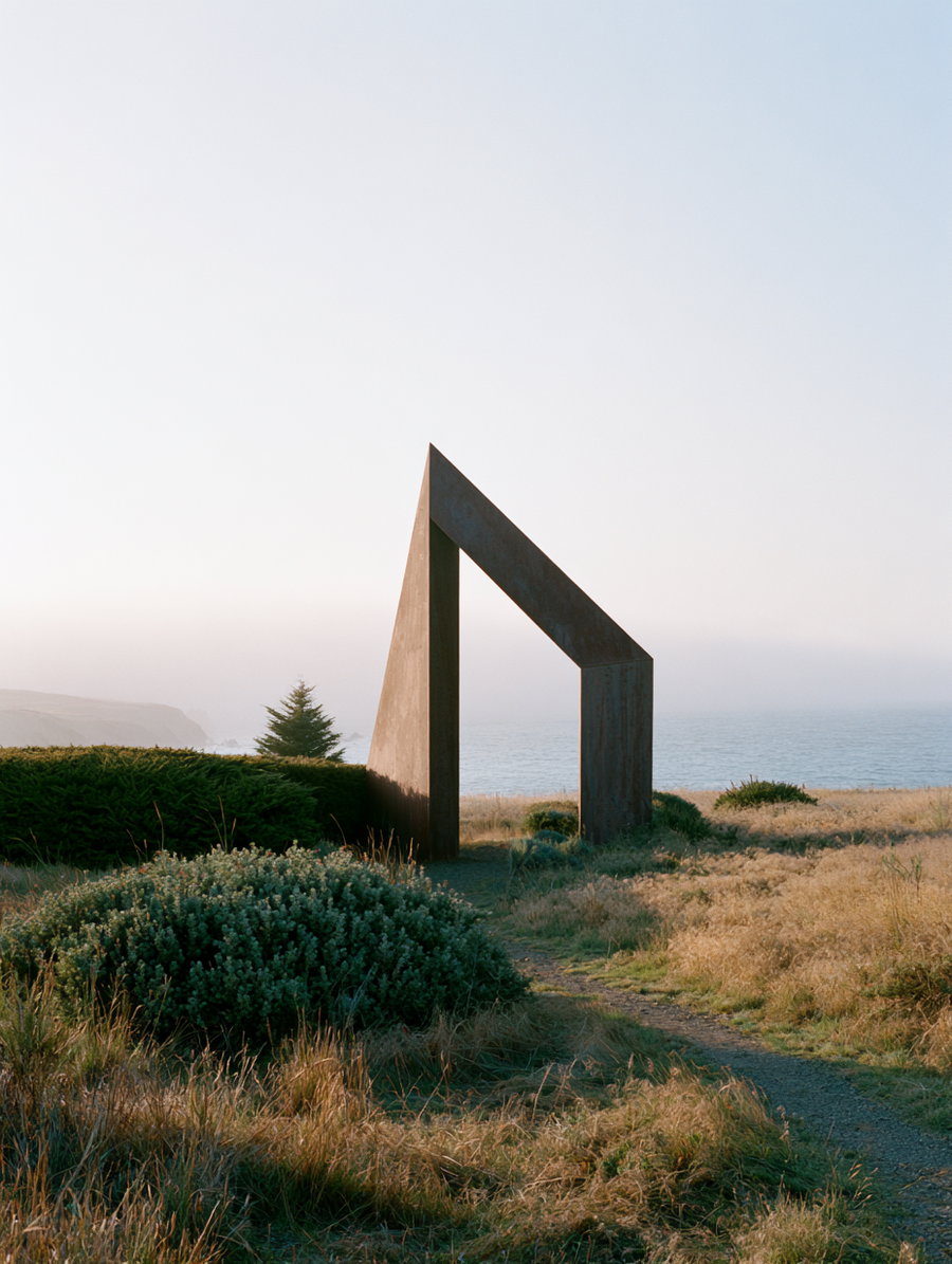 A large minimalist triangular-shaped metal sculpture standing in a grassy area with bushes near the ocean under a clear sky.