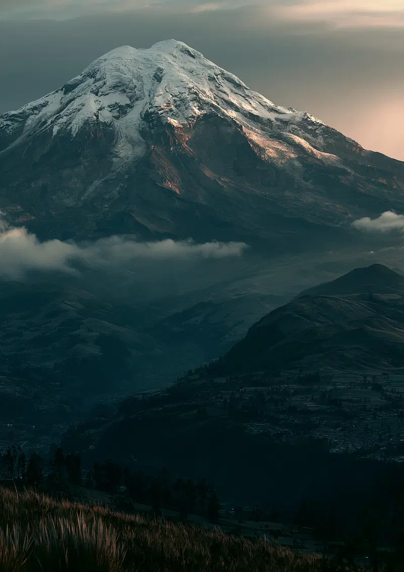 Majestic snow-capped mountain scene at dusk with foreground vegetation