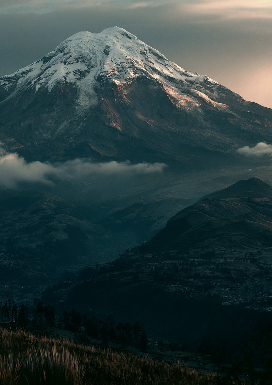 A large snow-covered mountain towering above darker lower hills and valleys with scattered trees and vegetation in the foreground under a fading sunset sky