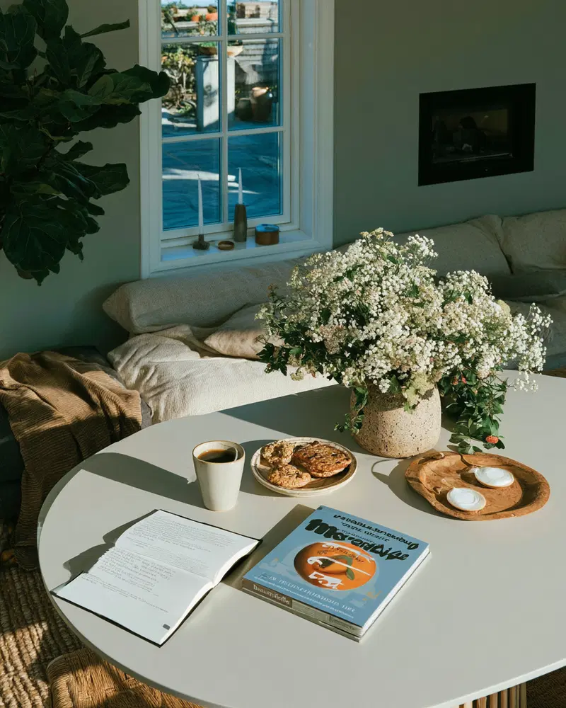 Cozy living room scene with a modern coffee table and natural decor