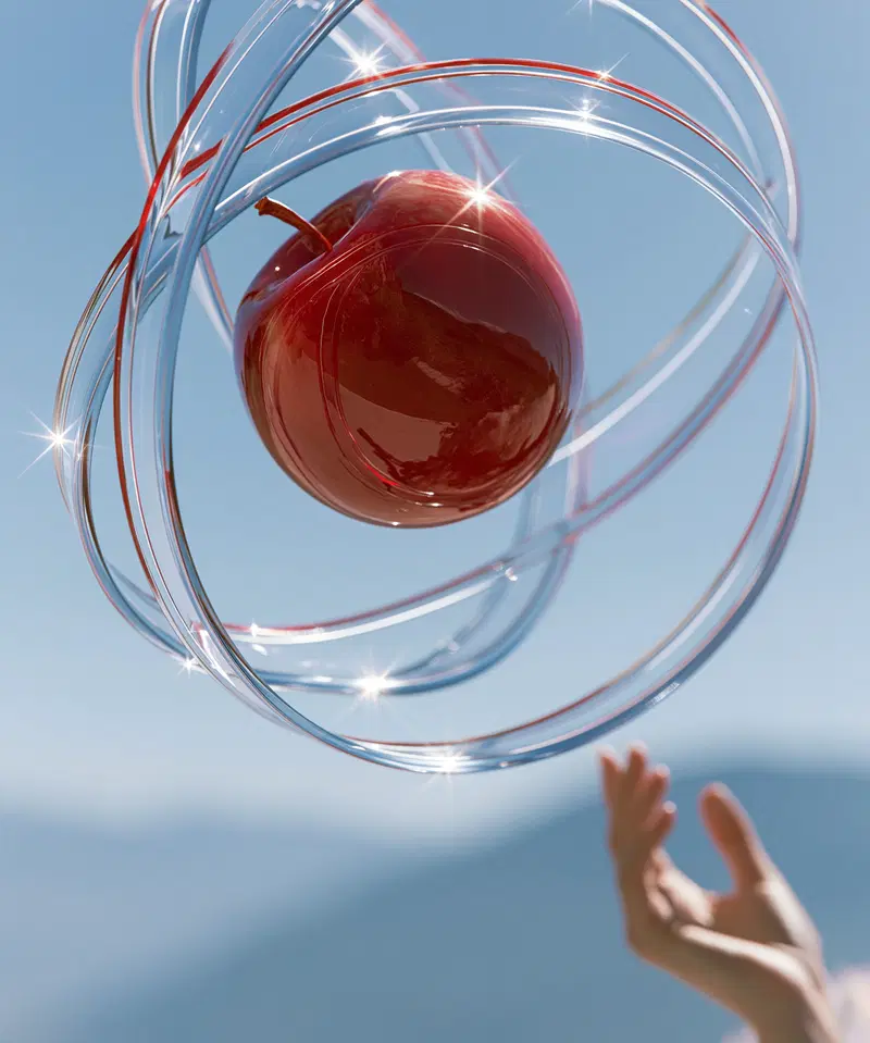 Conceptual image of a red apple suspended inside shining concentric glass rings outdoors