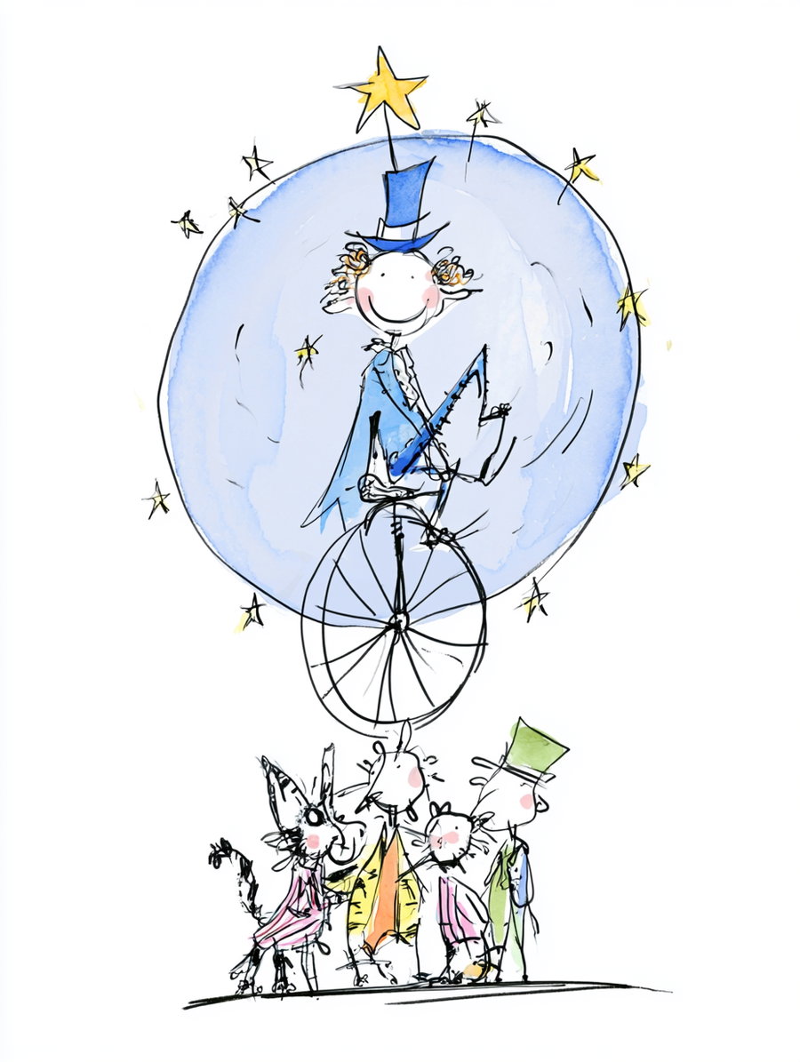 Whimsical line drawing with watercolor of a person in a blue coat and top hat riding a unicycle inside a blue circle with stars, above four cheerful animal and human characters dressed in colorful clothes.
