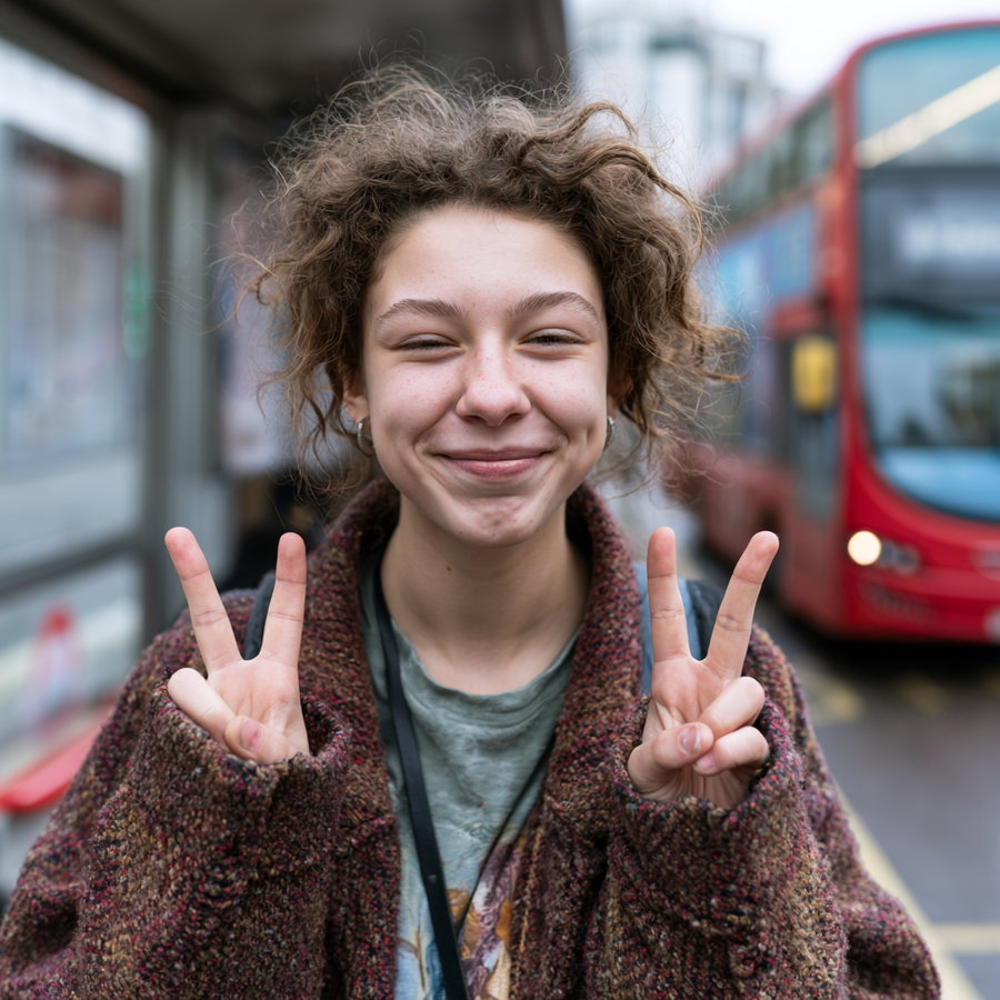 Close-up image of a young woman with curly hair wearing a brown knit sweater and t-shirt, smiling and holding up both hands making peace signs with a red double-decker bus in the background