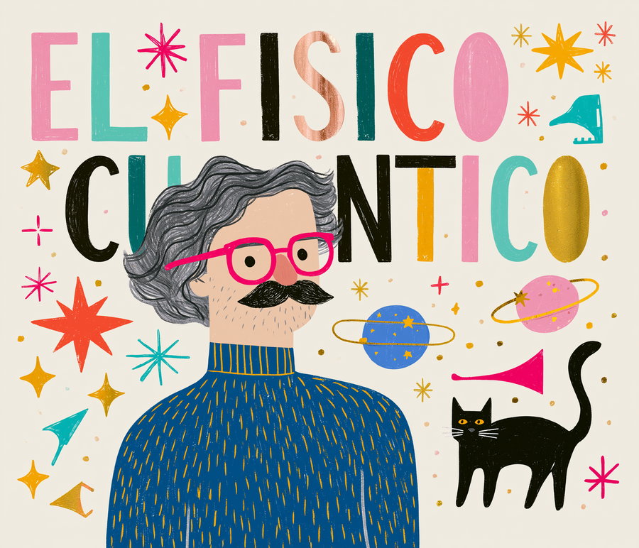 Illustration of a man with gray wavy hair, pink glasses, a mustache, wearing a blue turtleneck sweater, accompanied by a black cat, with colorful text and star, planet, and abstract shapes in the background