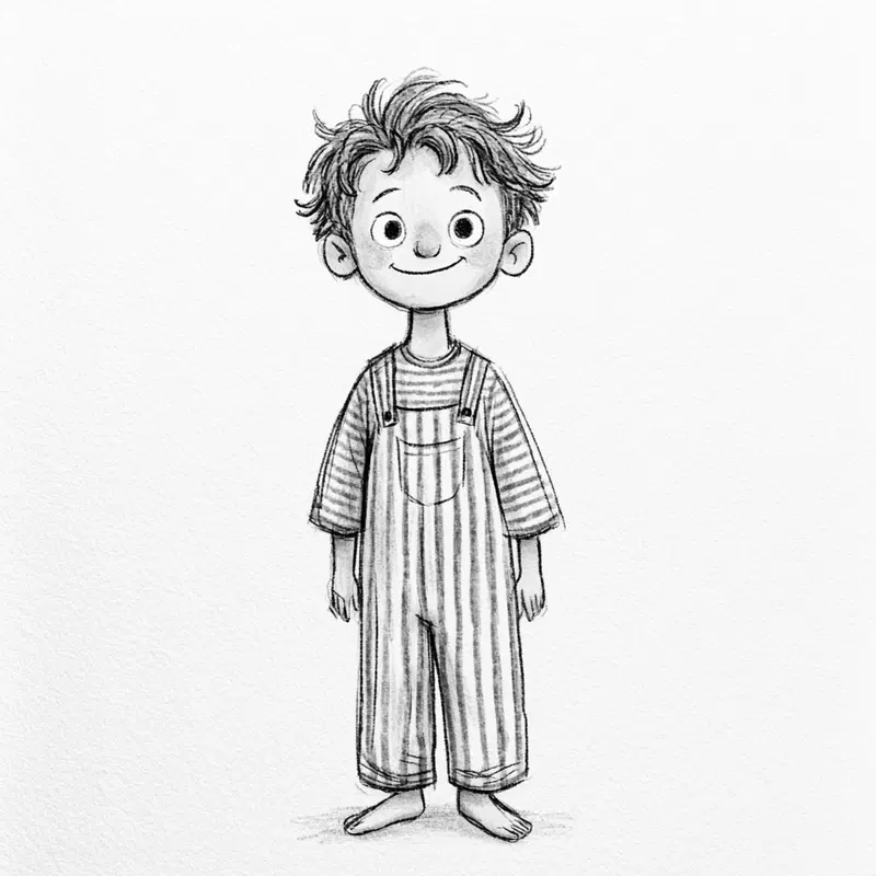 Pencil sketch of a smiling young boy in striped overalls and shirt