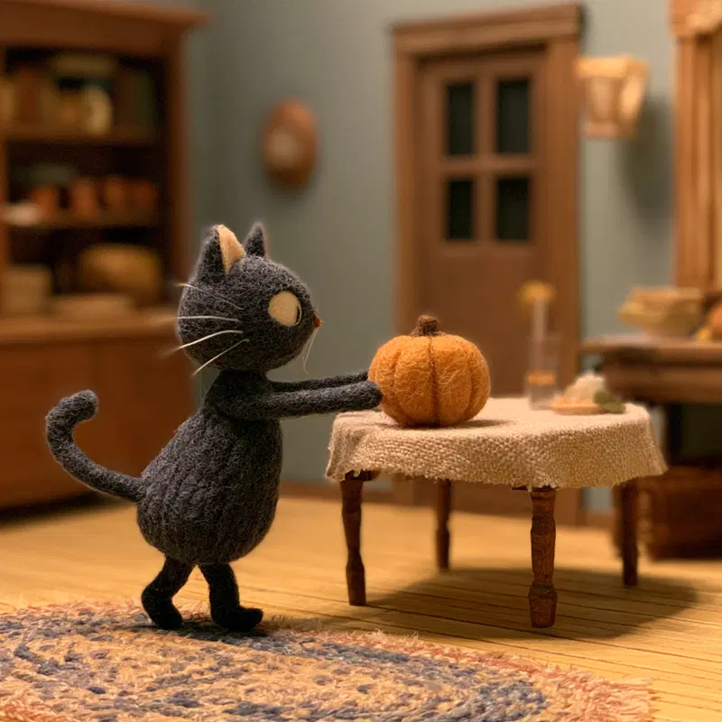 Handcrafted felt sculpture of a black cat with a pumpkin on a small table in a cozy room