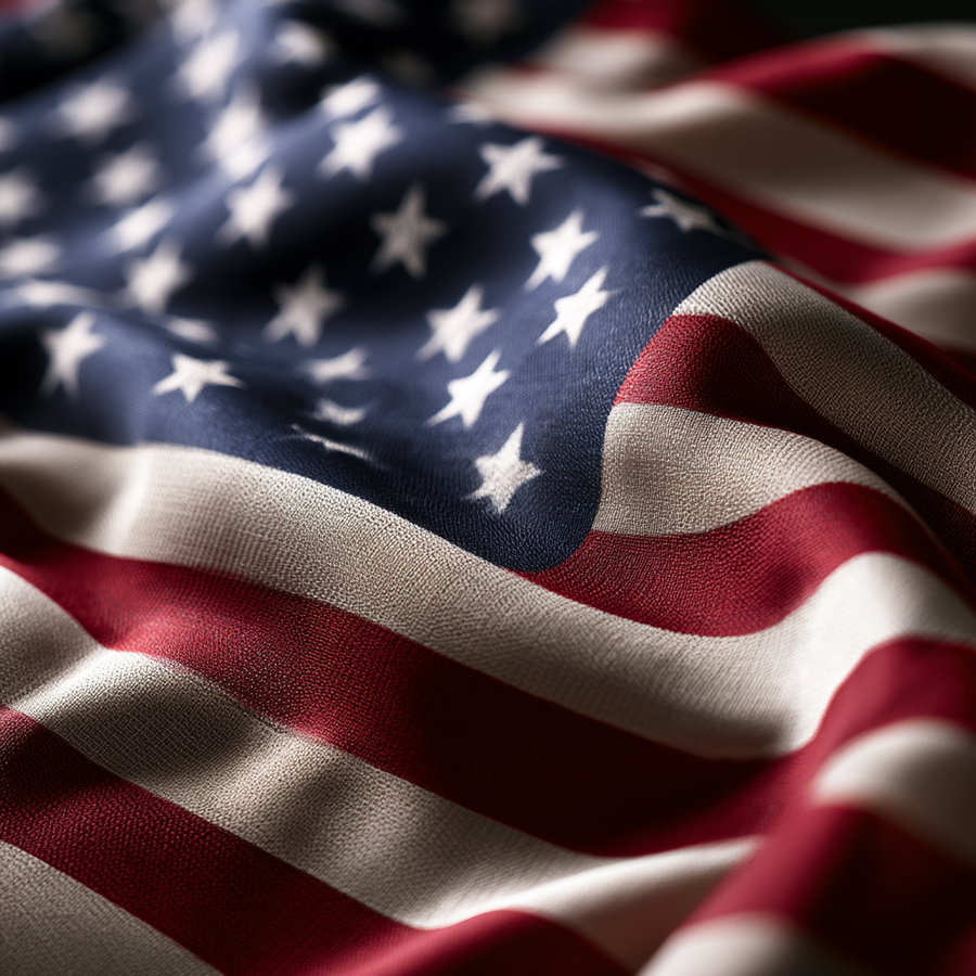Detailed close-up image of the textured fabric of a wrinkled American flag showing stars and red and white stripes