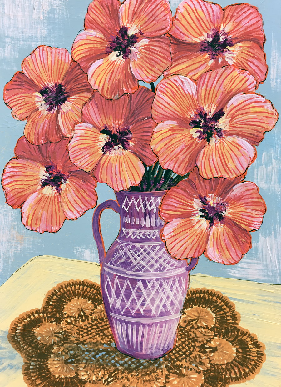 A painting depicting large orange flowers with dark centers arranged in a purple vase, placed on a yellow surface with a brown lace doily, against a light blue textured background