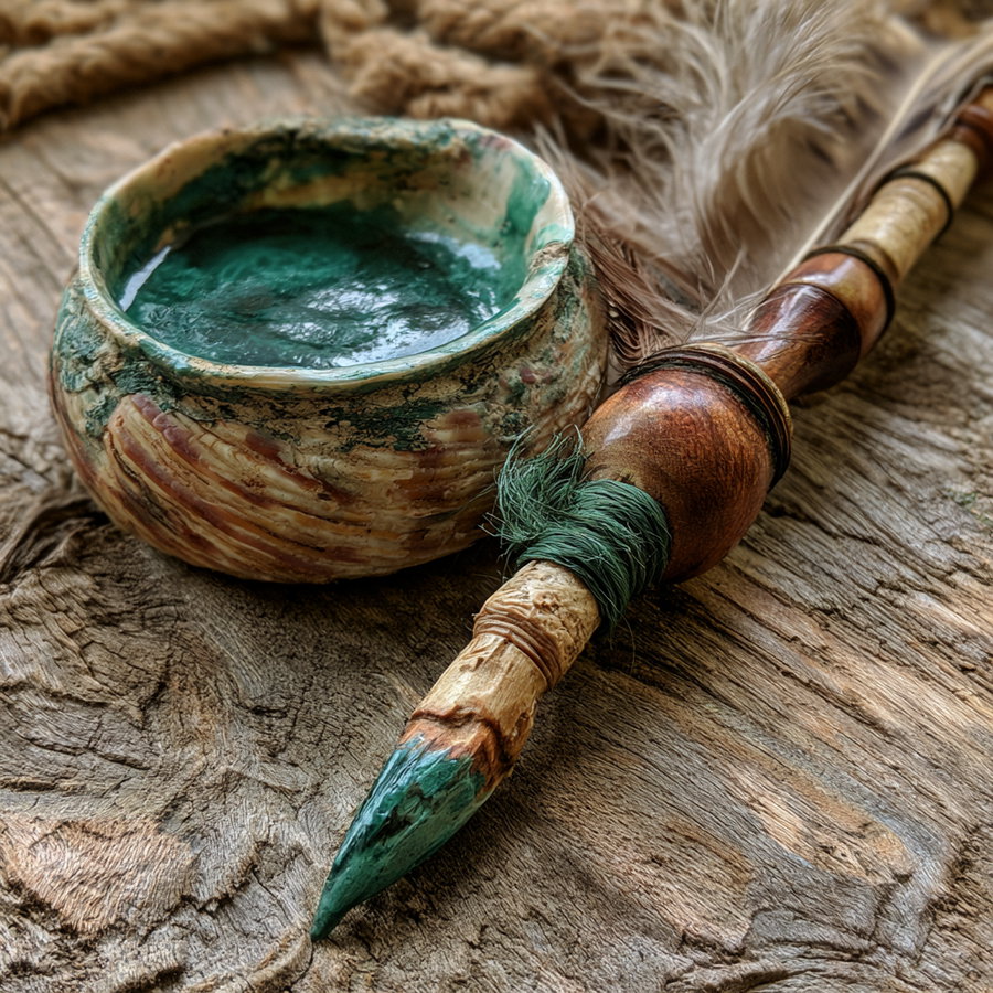 A close-up of a textured ceramic ink pot filled with green ink and a wooden brush with green paint-tipped bristles and natural feathers, resting on a wooden surface.