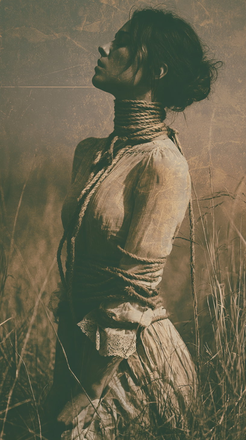 Profile of a woman with a vintage dress, tied with rope around neck and torso, standing in tall grass with a textured background