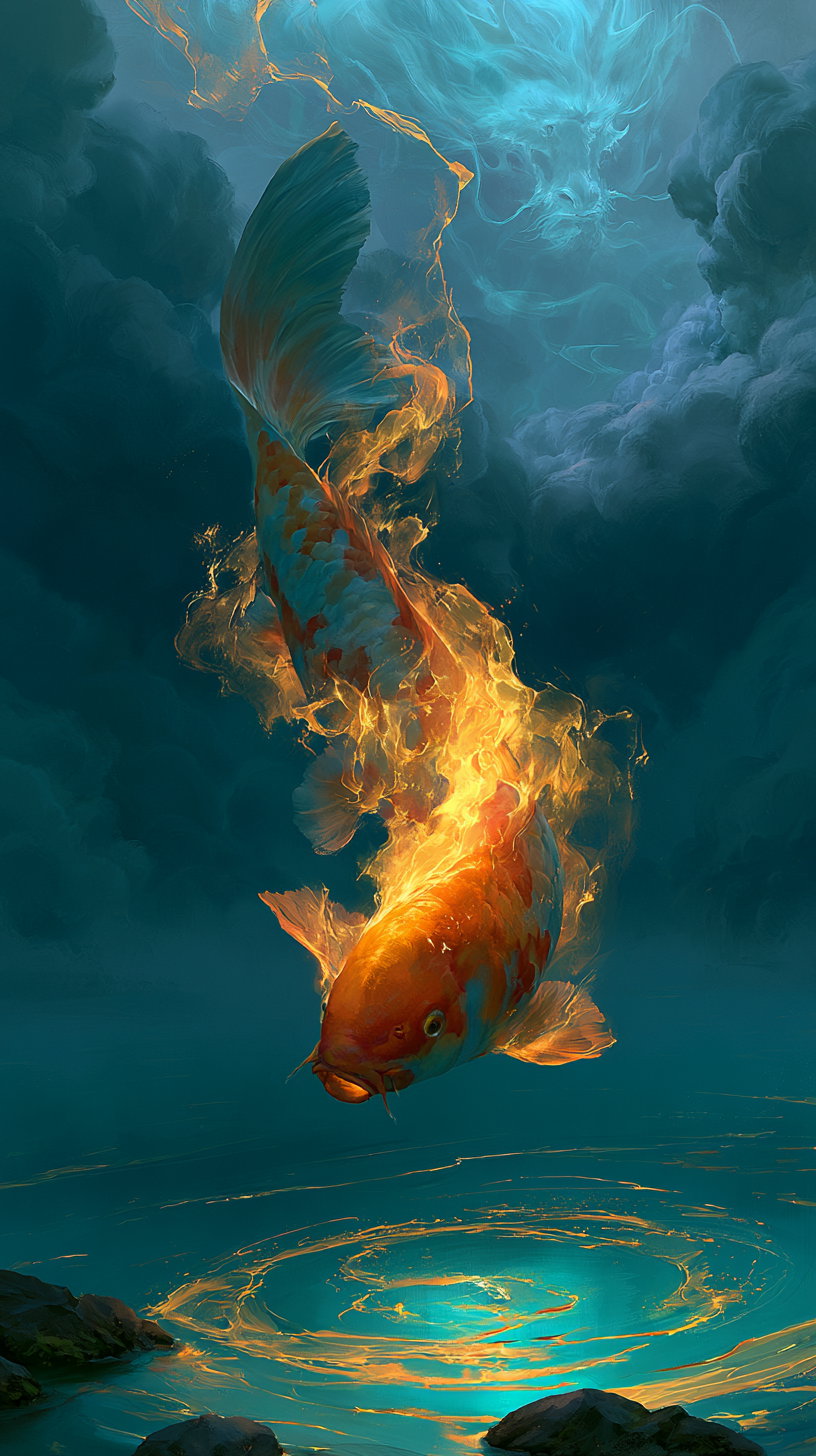 An orange and blue glowing koi fish rising upwards with flames around it, surrounded by dark clouds and swirling water below.