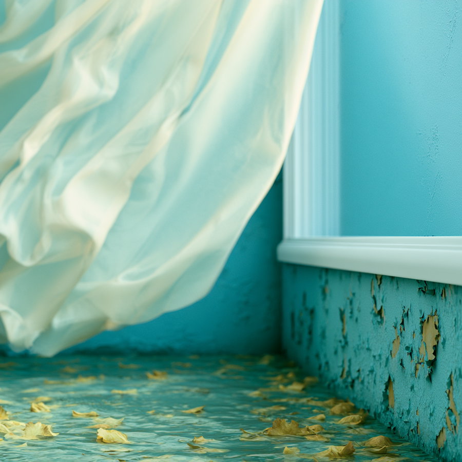 A corner of a room featuring flowing white curtains, a peeling blue textured wall, and scattered dried yellow leaves on the floor