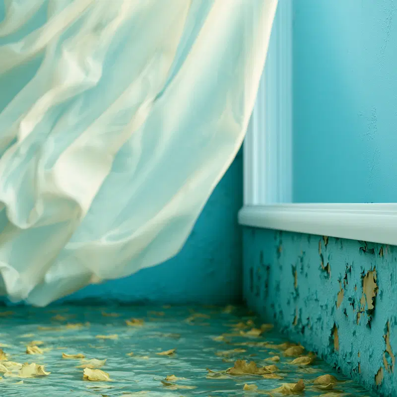 Interior with flowing curtains and peeling blue wall with scattered leaves