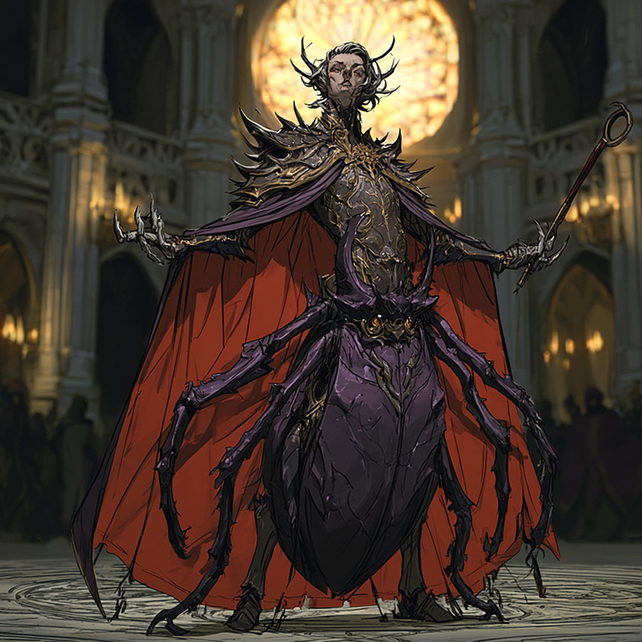 A dark fantasy humanoid figure with spider-like lower body and multiple legs, wearing a red cape and holding a staff, standing in a gothic cathedral with a glowing stained glass window behind them.