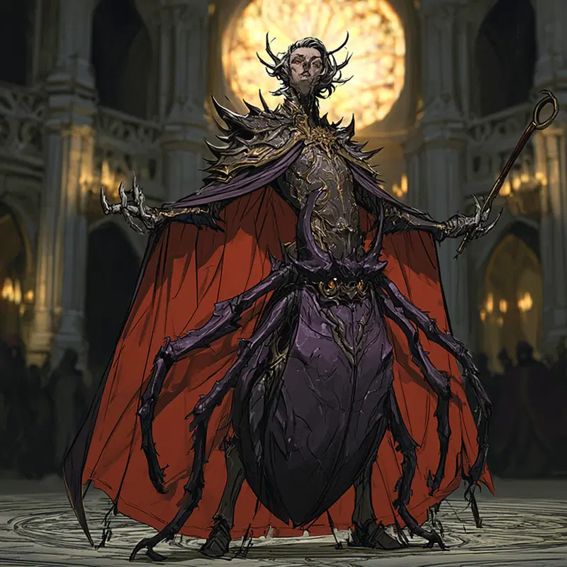 Dark fantasy character combining humanoid and spider features in a gothic cathedral