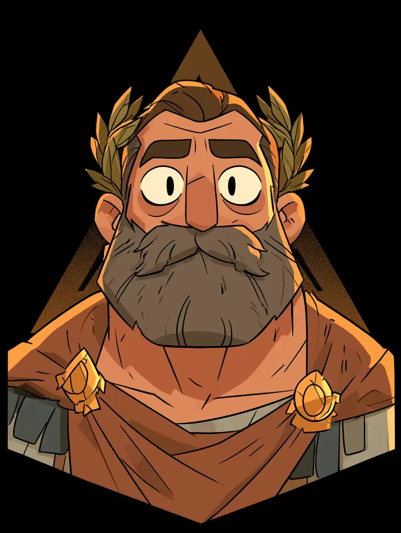 Stylized illustration of an older man with laurel crown and beard