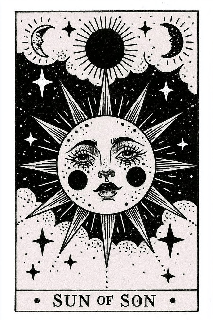 Black and white illustration of a sun with a stylized human face, surrounded by stars, two crescent moons, and clouds, with the text SUN OF SON below