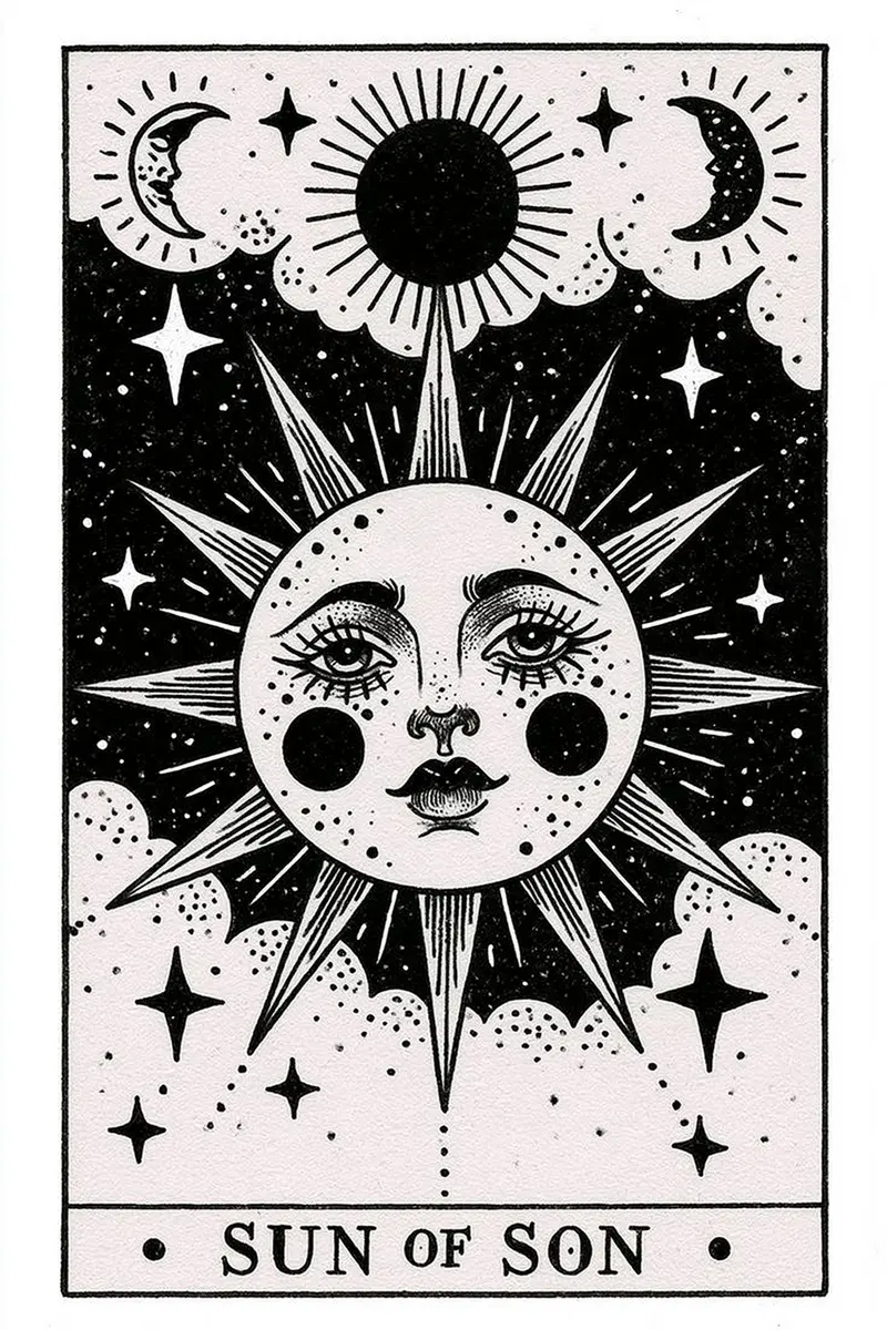 Surreal black and white illustration of a sun with a human face surrounded by stars