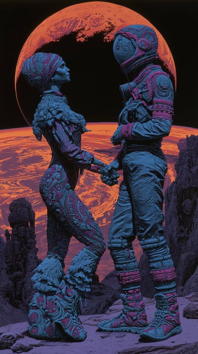 Two blue and pink humanoid figures standing on rocky ground holding hands, one wearing a space helmet and the other long hair and detailed textured clothing, with a large orange planet and black sky behind them