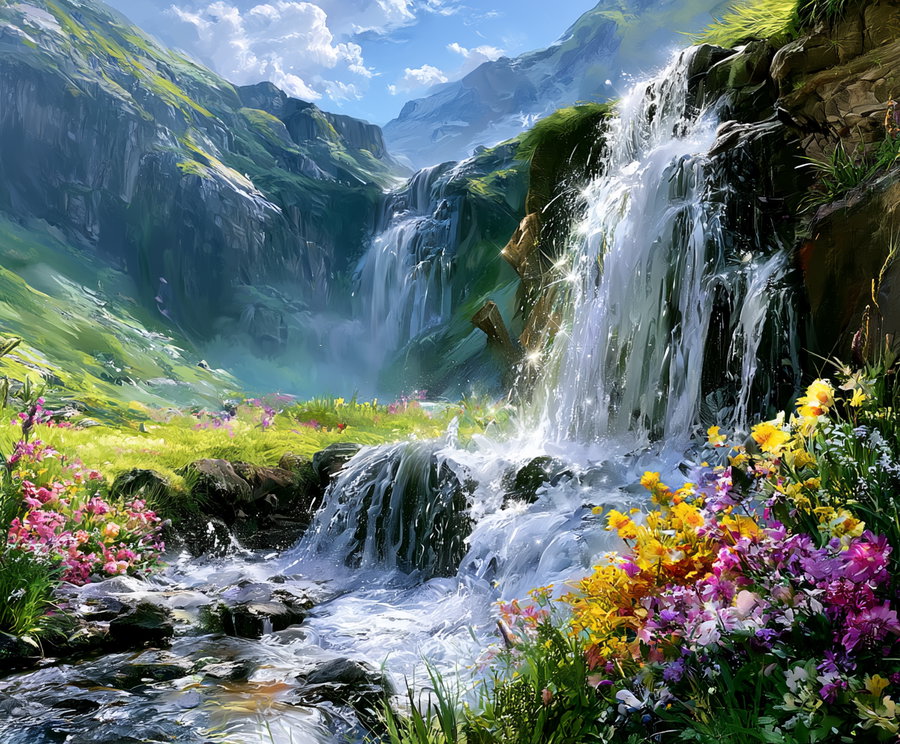 A scenic mountain landscape featuring cascading waterfalls, rocky cliffs, lush green vegetation, and a variety of colorful wildflowers in the foreground under a partly cloudy blue sky.