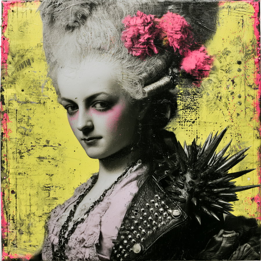 Portrait of a woman with 18th-century hairstyle and clothing mixed with punk style black leather jacket with spikes, neon yellow background, and pink accents on cheeks and flowers in hair