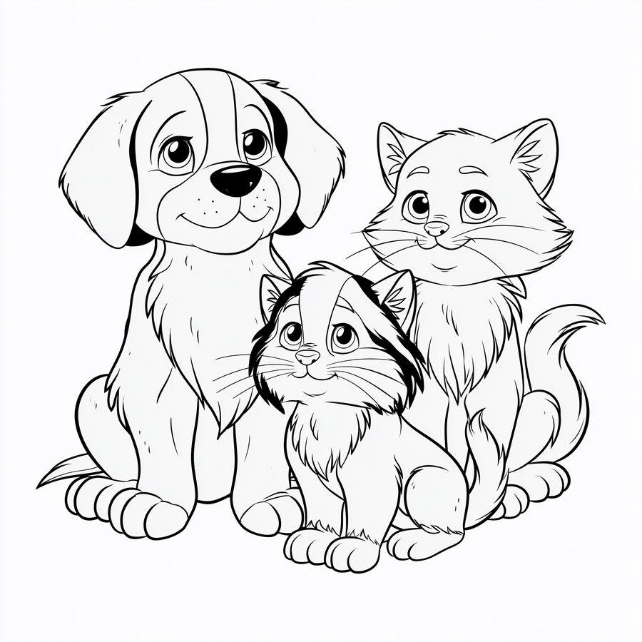 A black and white line drawing featuring two cats and one dog sitting closely, showing detailed fur and expressive eyes, on a plain background