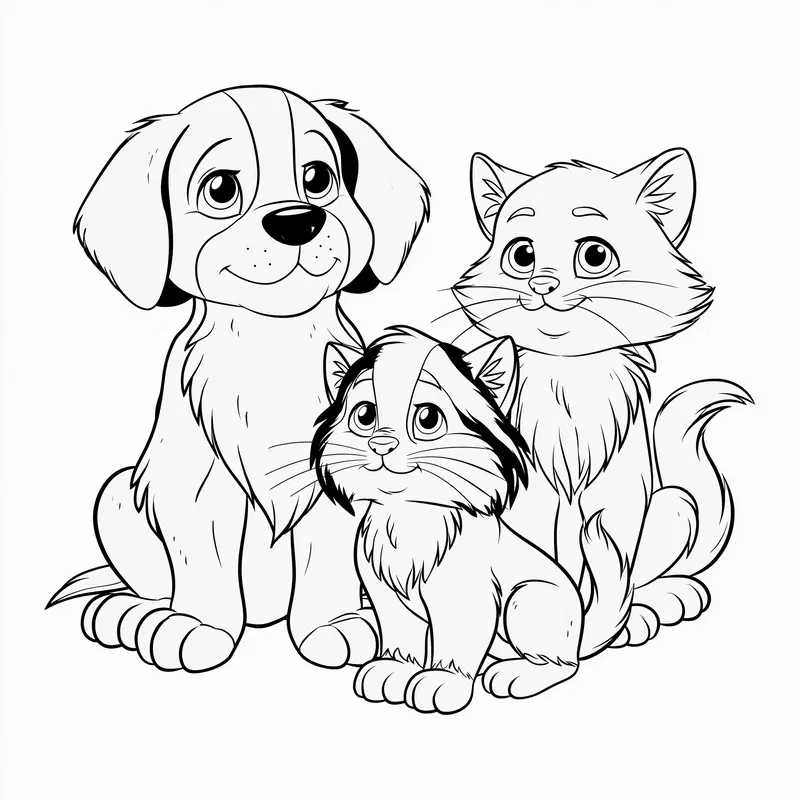 Black and white line art drawing of two cats and one dog sitting together