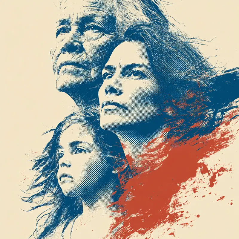 Illustrative portrait of three generations of women in a detailed graphic style