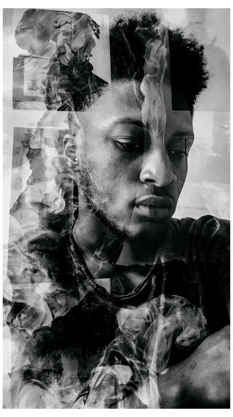 Black and white contemplative portrait with layered smoke effects