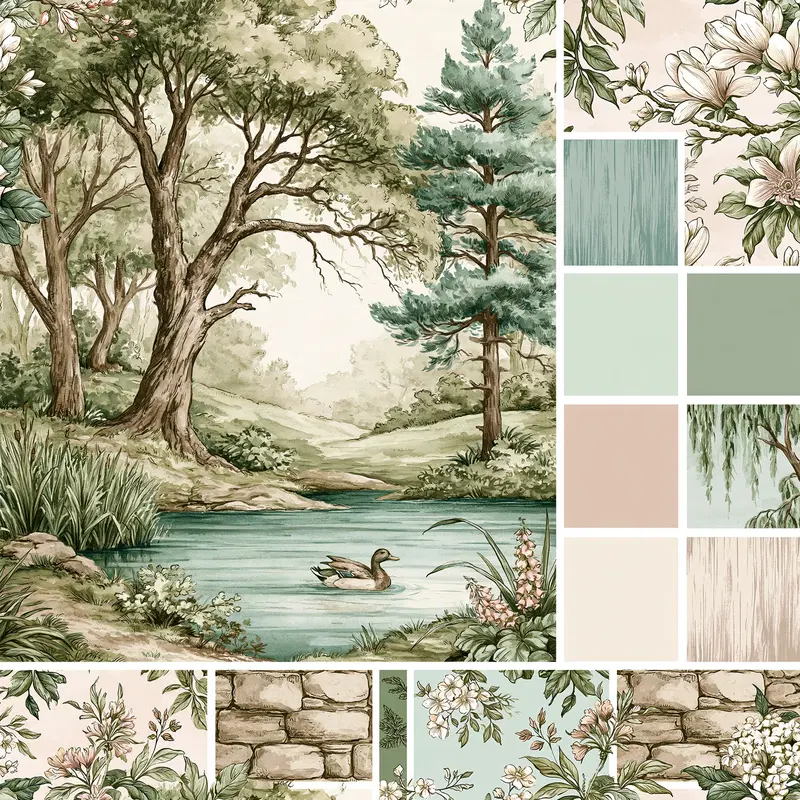 Serene nature scene with trees, a duck on water, and floral patterns