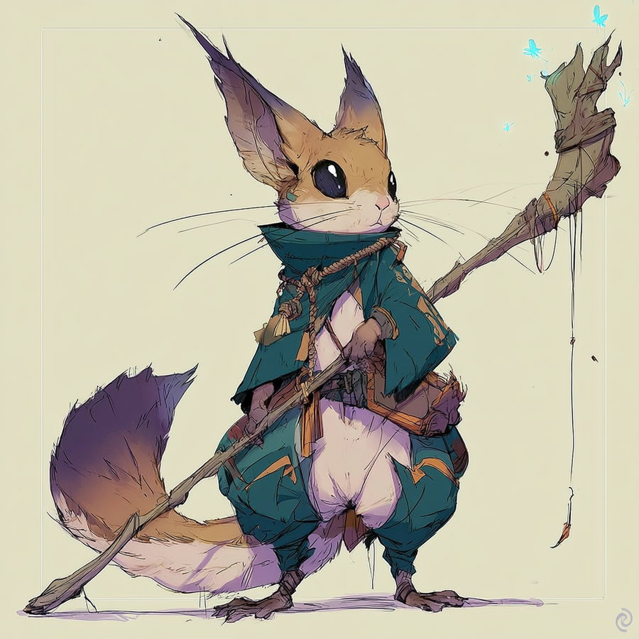 A detailed fantasy illustration of an anthropomorphic animal character dressed in teal and gold robes holding a wooden staff, with small glowing blue butterflies around the staff.