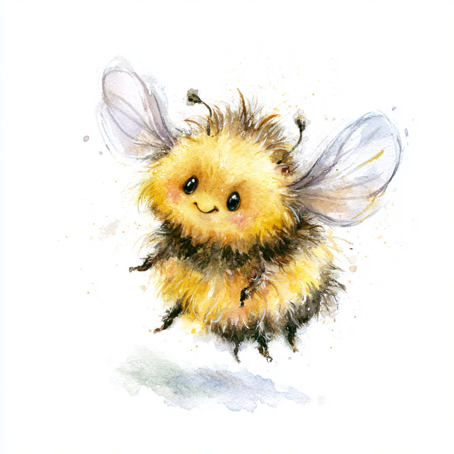 A watercolor illustration of a fluffy yellow and black bee with large translucent wings, black antennae, and a smiling face on a white background