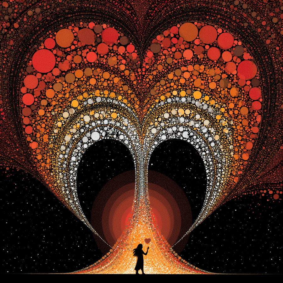 A silhouette of a person holding a heart-shaped object, standing in front of large heart-shaped fractal tree made of orange, red, brown, and white glowing circles on a black starry background