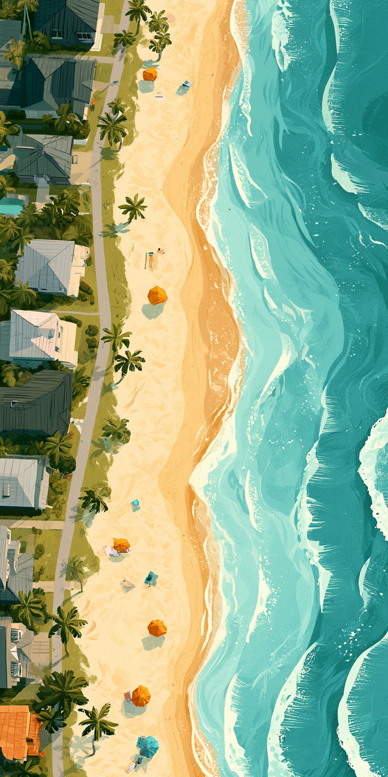 Digital illustration showing an aerial view of a sandy beach lined with colorful umbrellas, palm trees, seaside houses, and turquoise ocean waves crashing on the shore.