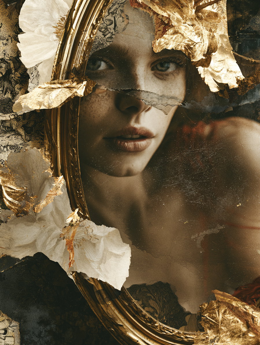 Close-up of a woman's face partially obscured by torn paper and gold foil in a vintage ornate mirror, with textured background and floral elements
