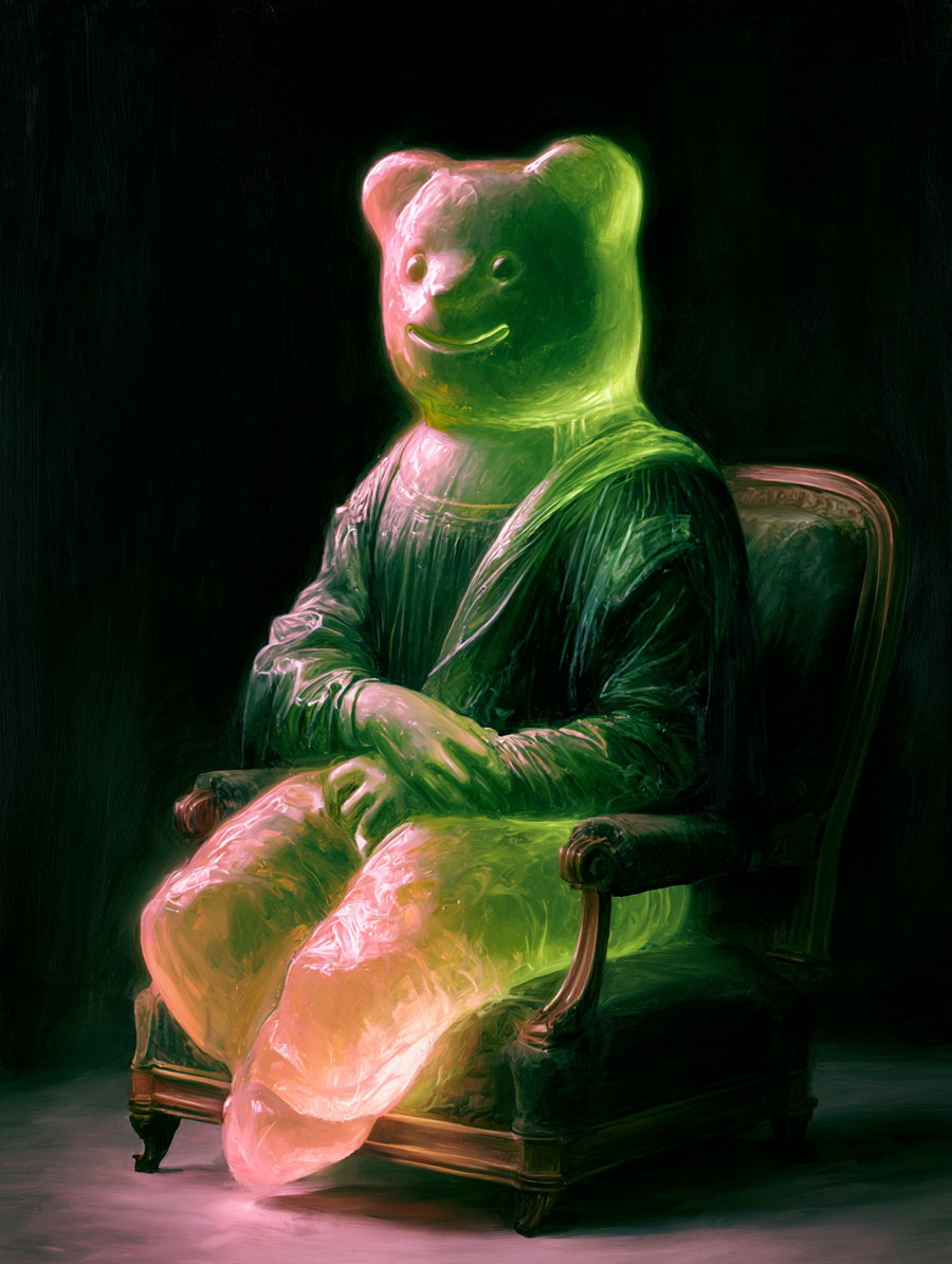 A translucent gummy bear figure with green and pink hues sitting on a vintage green armchair against a dark background