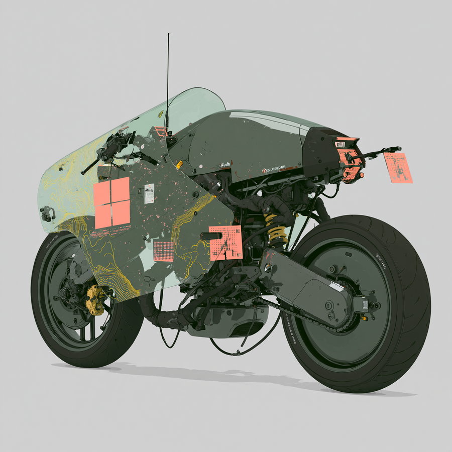 Digital illustration of a futuristic motorcycle with a streamlined fairing, large wheels, visible mechanical components, and transparent sections with geometric and abstract patterns