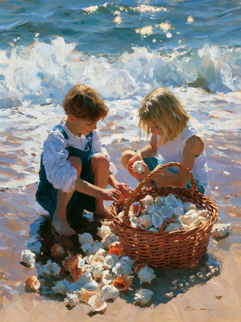 Children Collecting Seashells by the Shore in a Luminous Oil Painting