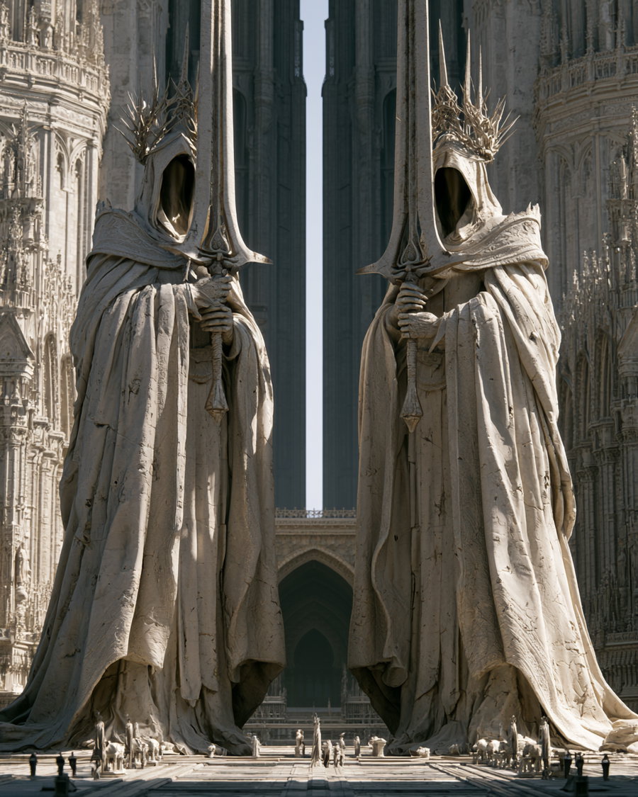 Two colossal stone statues of hooded figures wearing crowns and holding swords, standing in a gothic cathedral with numerous detailed smaller statues and figures at their feet