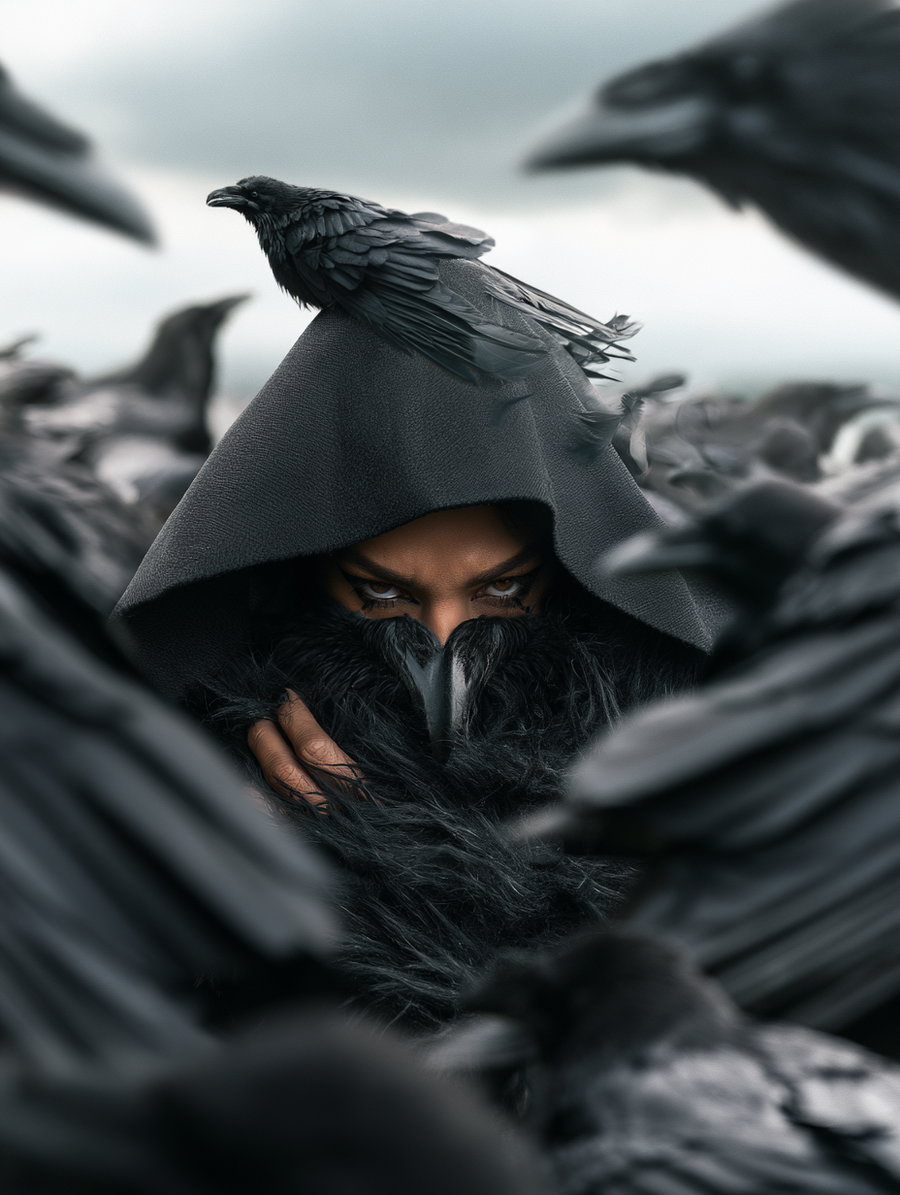 A person with a dark hood and black feathered clothing intensely staring while surrounded by ravens, with one raven perched on their hood.