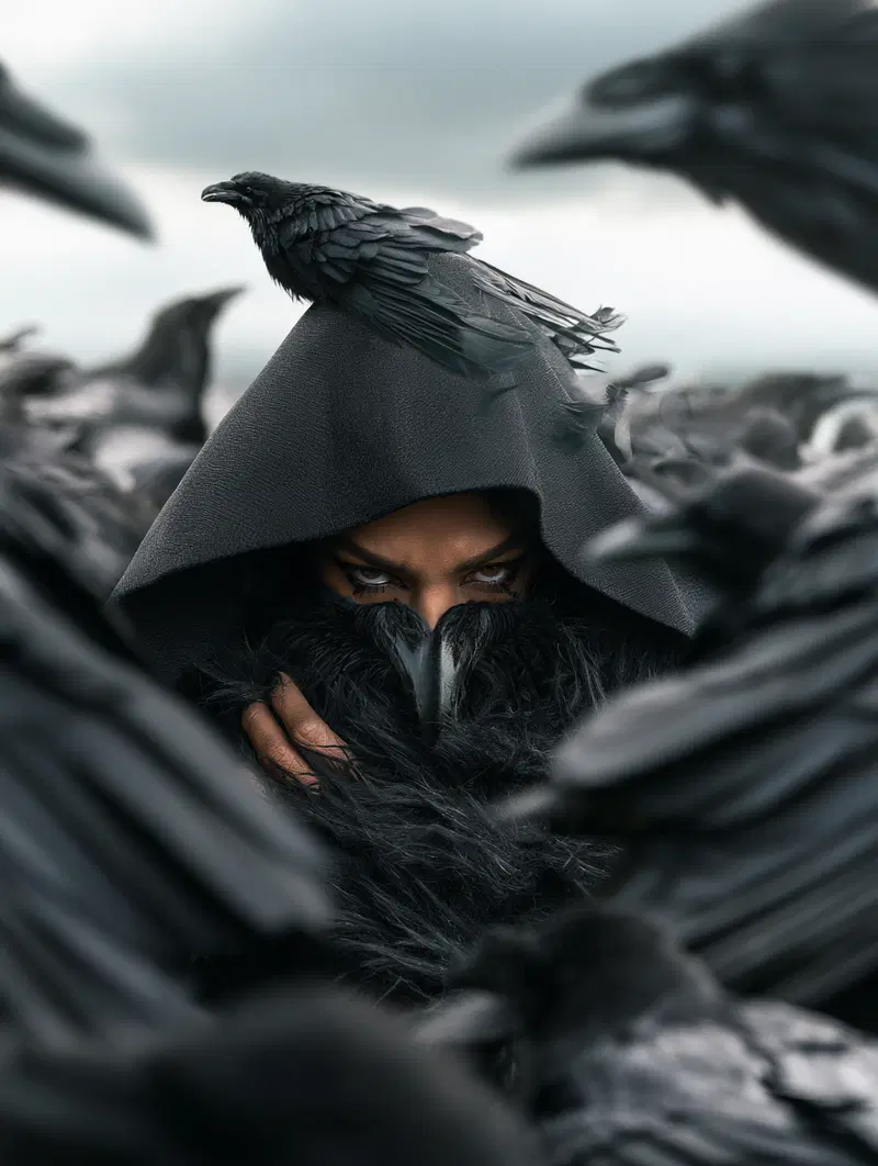 Mysterious figure with intense eyes surrounded by ravens in a dark fantasy setting