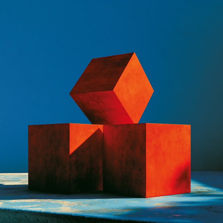 Three red cubes arranged with two on the ground and one balanced on top against a blue background