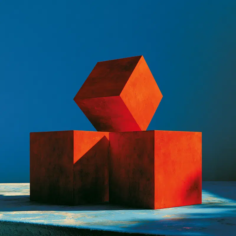 Red cubic forms arranged on blue surface with vibrant lighting