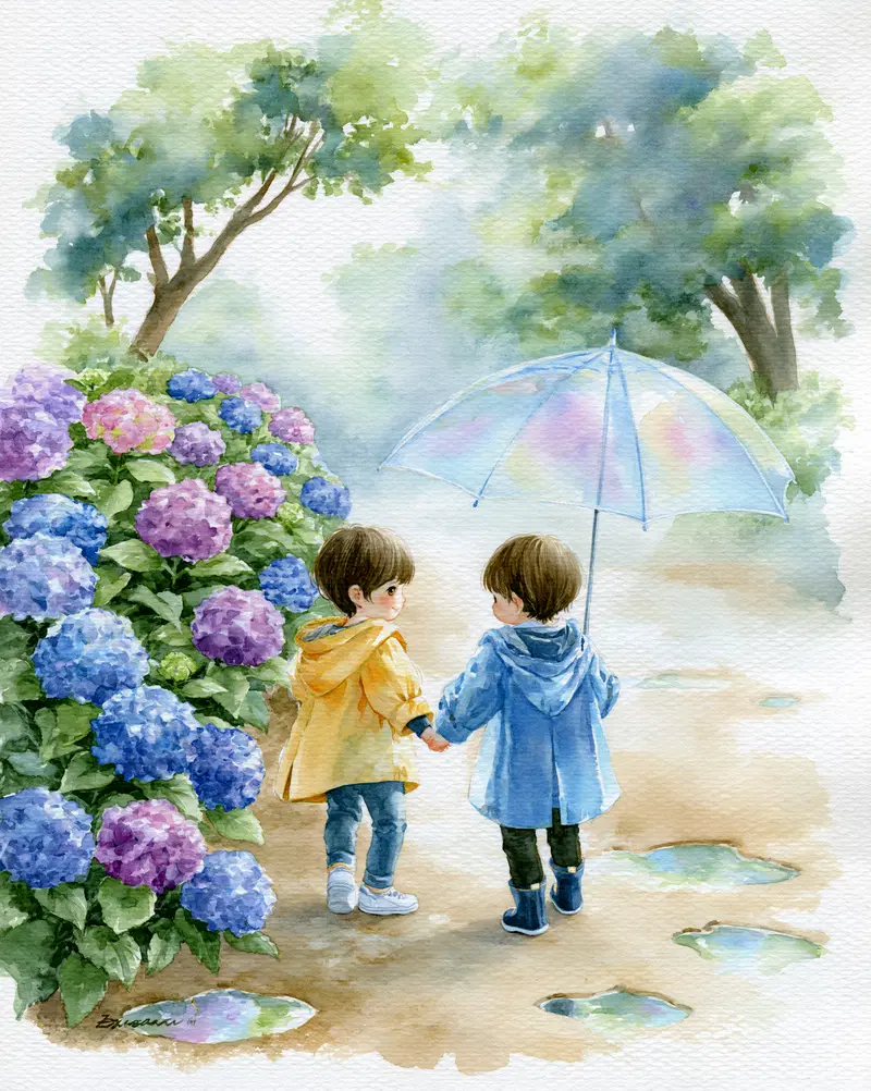 Watercolor painting of two children holding hands under an umbrella by hydrangeas