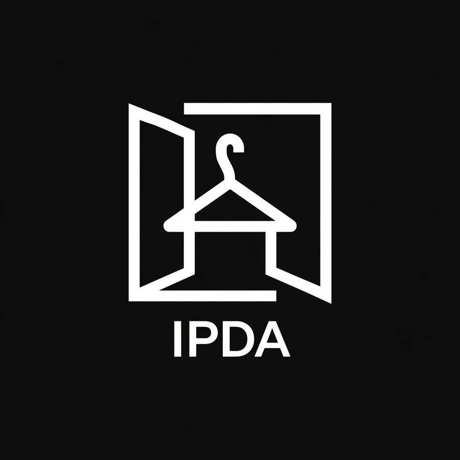 White line art of a hanger inside an open door frame with the letters IPDA below on black background